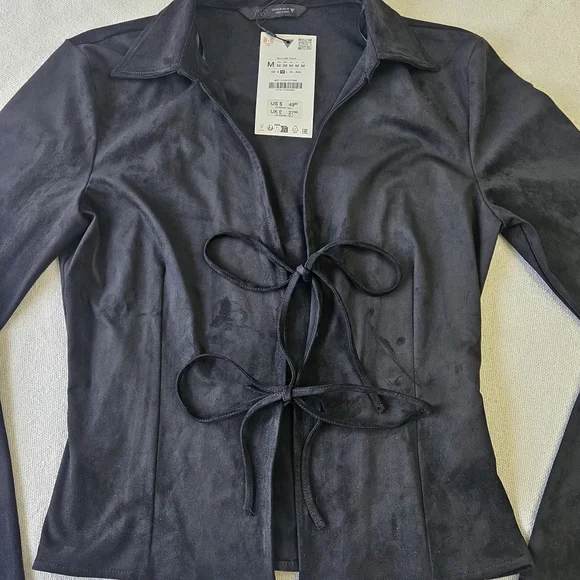 Zara Women Black Collared Long Sleeve Viscose Blazer Drawstring 90s Size M - Picture 3 of 10